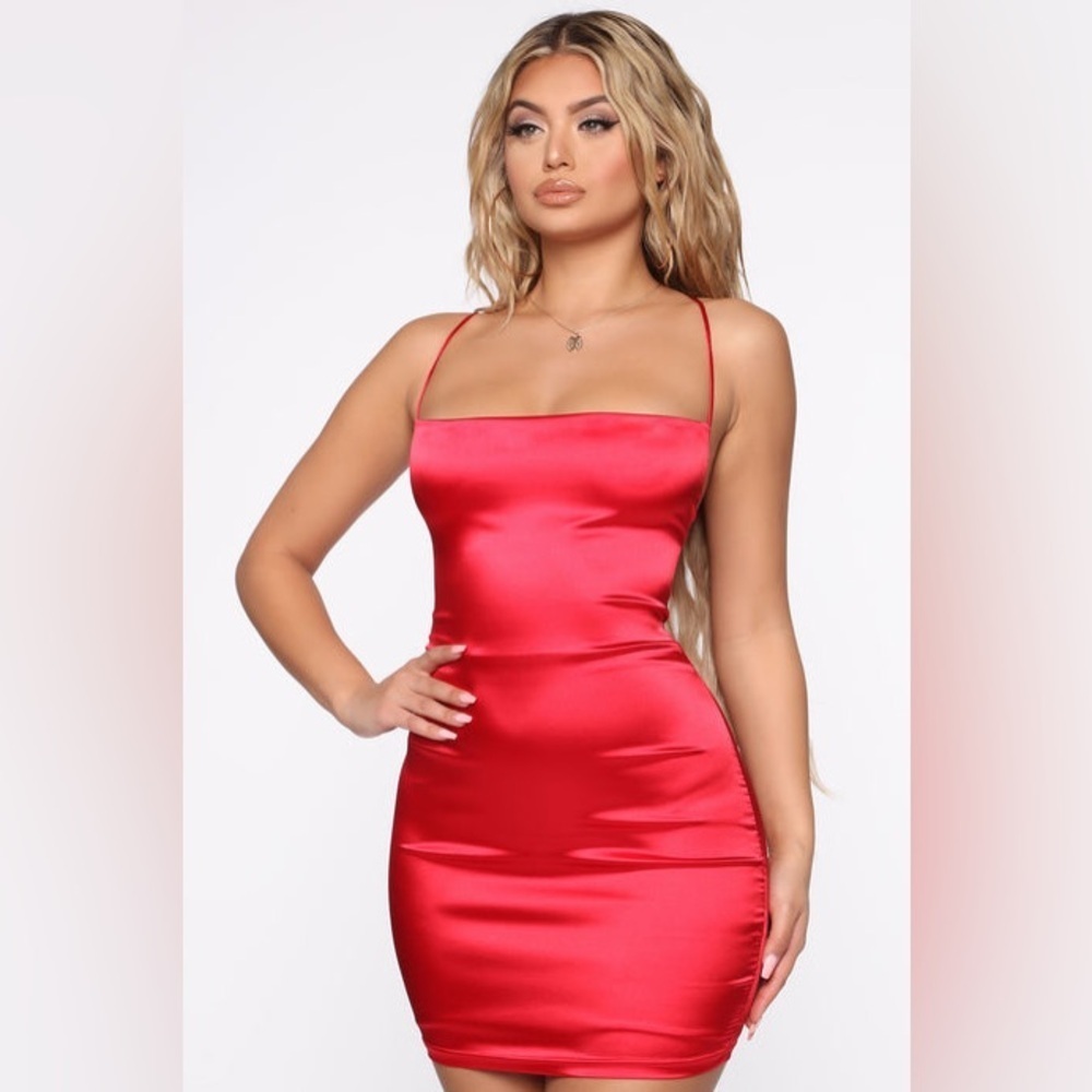 NWT Fashion Nova Red Satin Mini Dress with Lace-Up Back Sexy Bodycon Slip Dress
